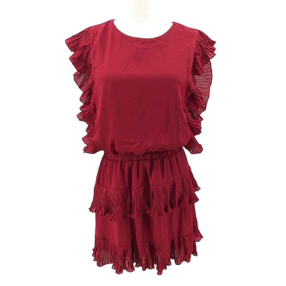 TCEC Red Ruffle Sleeve Dress Tiered Pleated Hem Romantic Flowy Size M‎